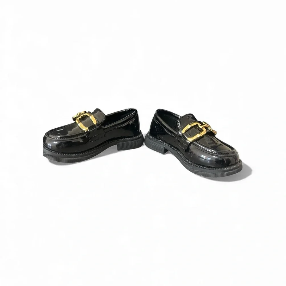 New Oamico Toddler Girls 7 Shiny Black Gold Buckle Slide On Loafer Dress Shoes